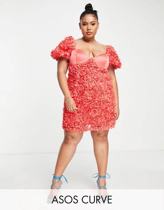 ASOS LUXE Curve 3D floral puff sleeve cupped mini dress in red