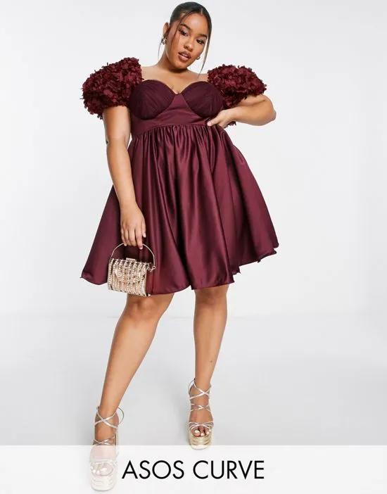 ASOS LUXE Curve 3D floral satin wired baby doll mini dress in wine