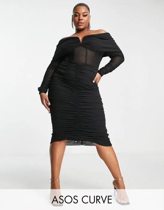 ASOS LUXE Curve bardot draped sleeve corseted ruched midi dress in black