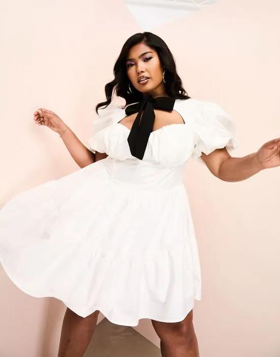 ASOS LUXE Curve corsetted poplin tiered mini dress with contrast bow and puff sleeve in white