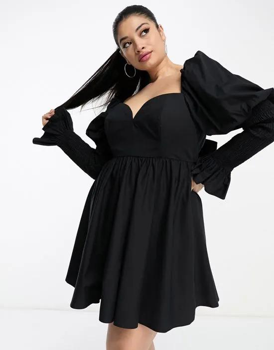 ASOS LUXE Curve poplin shirred puff sleeve mini dress in black