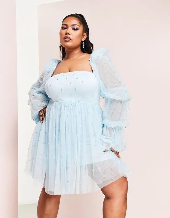 ASOS LUXE Curve tulle baby doll dress with pearl embellishment in blue