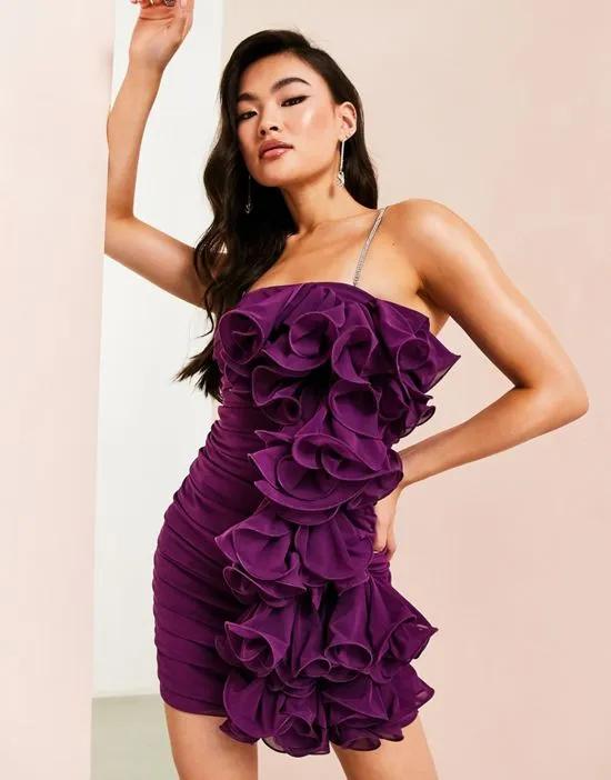 ASOS LUXE ruched exaggerated frill side mini dress with diamante straps in purple