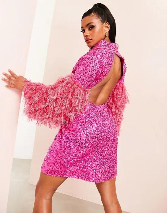 ASOS LUXE sequin blazer dress with cut out back with feather sleeve in pink