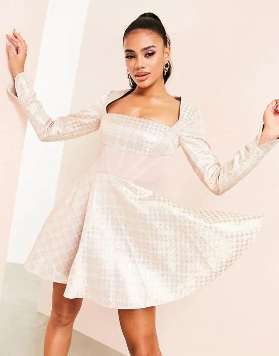 ASOS LUXE square neck corsetted mini skater dress in pink check jacquard