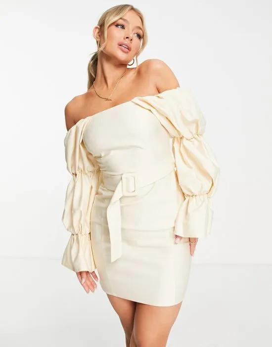 ASOS LUXE stretch linen belted extreme sleeve dress in stone