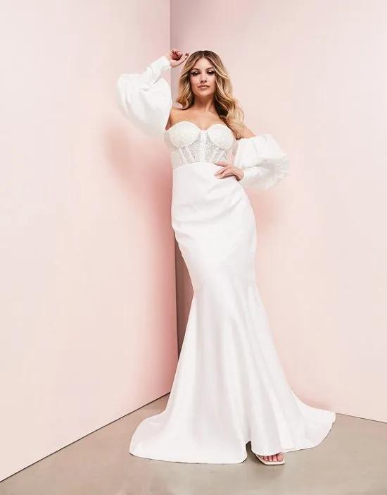 ASOS LUXE Wedding sweetheart dramatic puff sleeve fishtail maxi dress in white