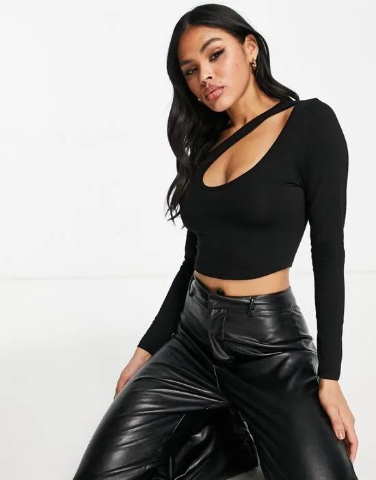 asymmetric crop top with long sleeve and keyhole in black