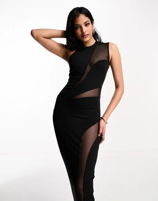 asymmetric cut out mesh maxi dress in black