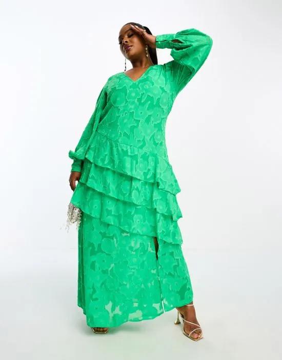 asymmetric frill jacquard maxi dress in green