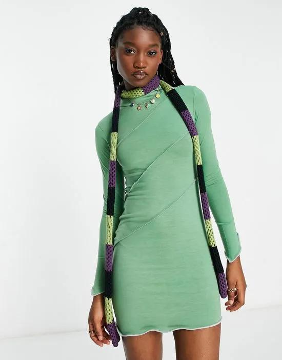 asymmetric hem mini dress with contrast stitch