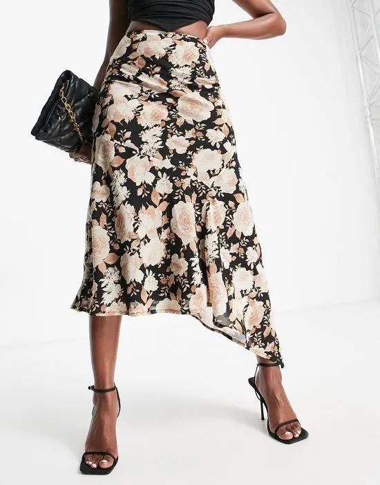 asymmetric midi skirt in dark floral
