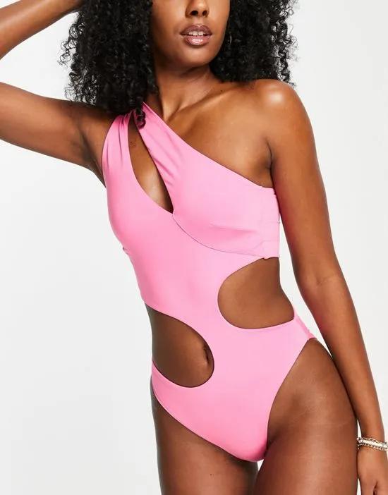 asymmetric strappy one shoulder cut out swimsuit in neon pink