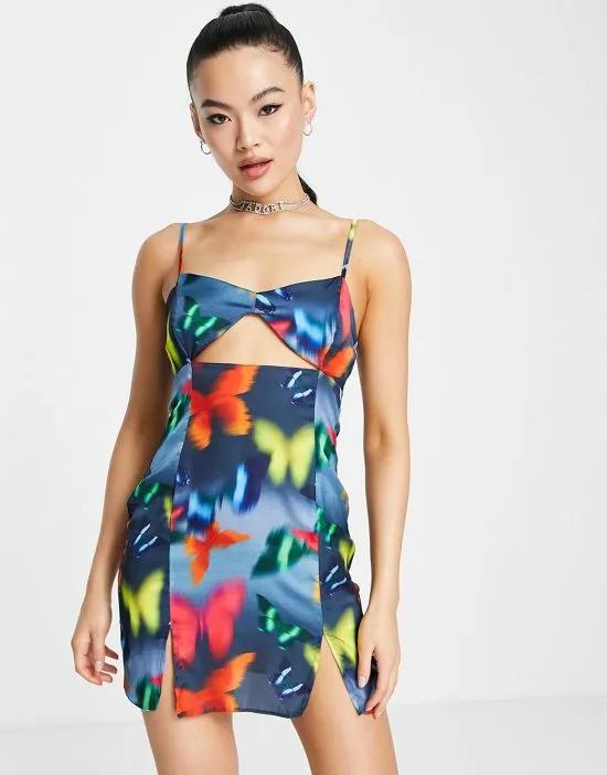 ASYOU cami cut out split leg mini dress in blurred butterfly print