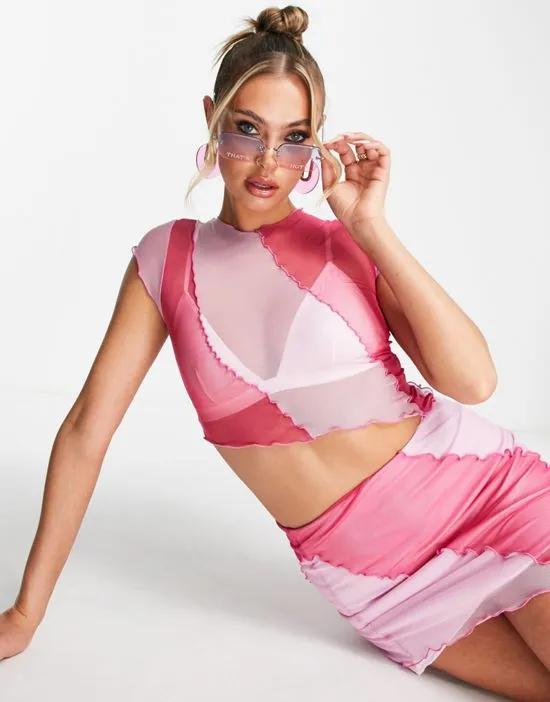 ASYOU color block exposed seam asymmetric mesh t-shirt in pink - part of a set