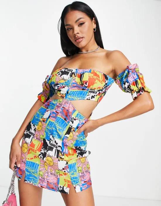 ASYOU cross front mini dress in mixed graphic print