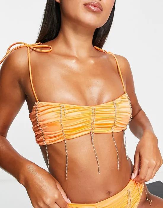 ASYOU diamante trim tie shouder bikini top in orange