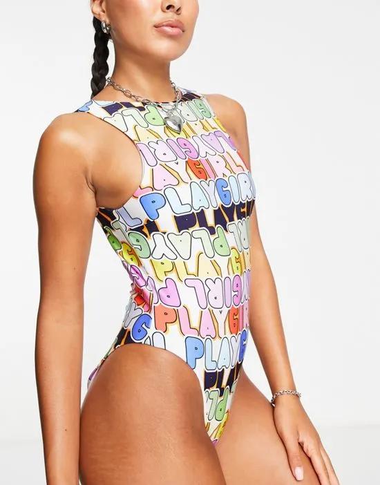 ASYOU high neck cut out back swimsuit in playgirl graphic print