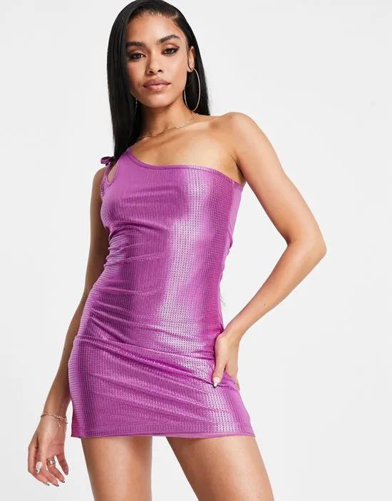 ASYOU one shoulder holographic chainmail detail mini dress in purple