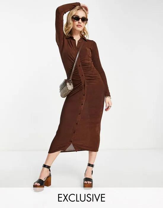 ASYOU textured slinky midi ruched shirt dress in chocolate