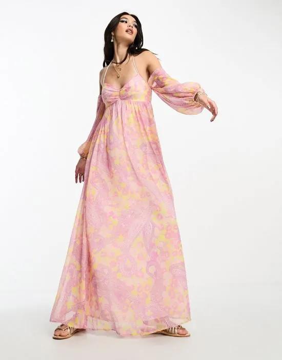 babydoll bardot swing maxi dress in pink paisley print