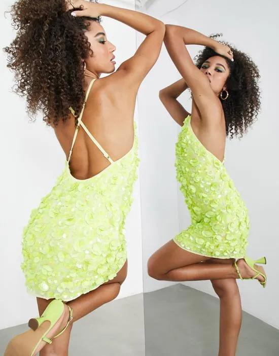 backless mini dress in 3d embellished floral in neon yellow