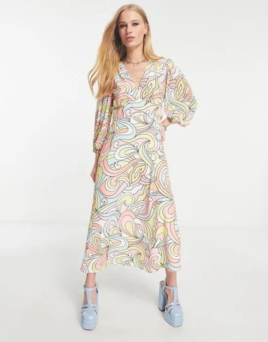 balloon sleeve midi dress in pastel swirl print