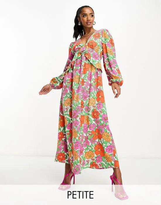 balloon sleeve midi dress with frill waist in bright bold floral