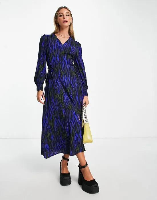 balloon sleeve midi dress with tie side in teal tiger print