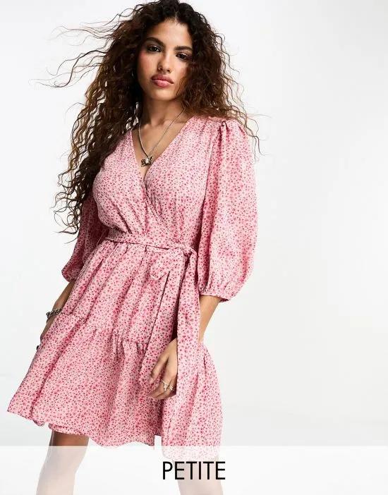balloon sleeve wrap mini dress in pink vintage floral