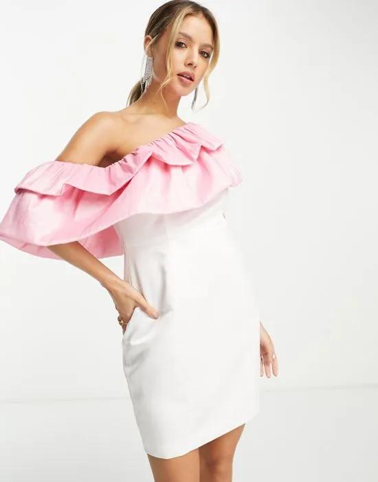 Band Of Stars premium one shoulder extreme contrast ruffle detail mini dress in white & pink
