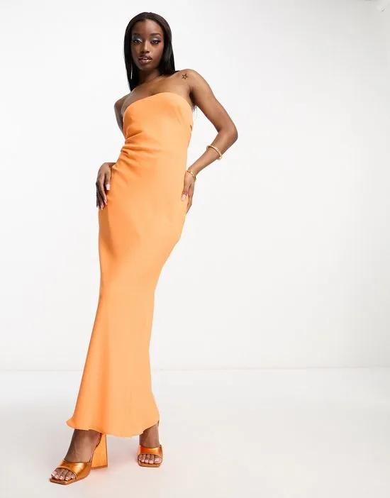 bandeau bias maxi dress with cowl back and tie detail in bright orange