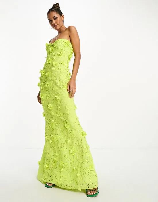 bandeau broderie maxi dress with floral corsage detail in lime green