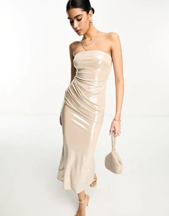 bandeau draped tucked midi dress in textured slinky in gold foil