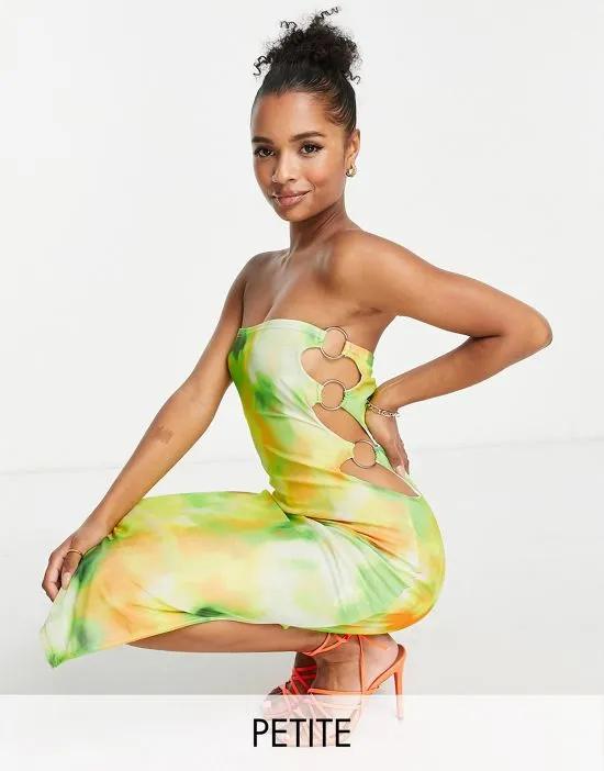 bandeau mesh midi dress with ring detail in green print