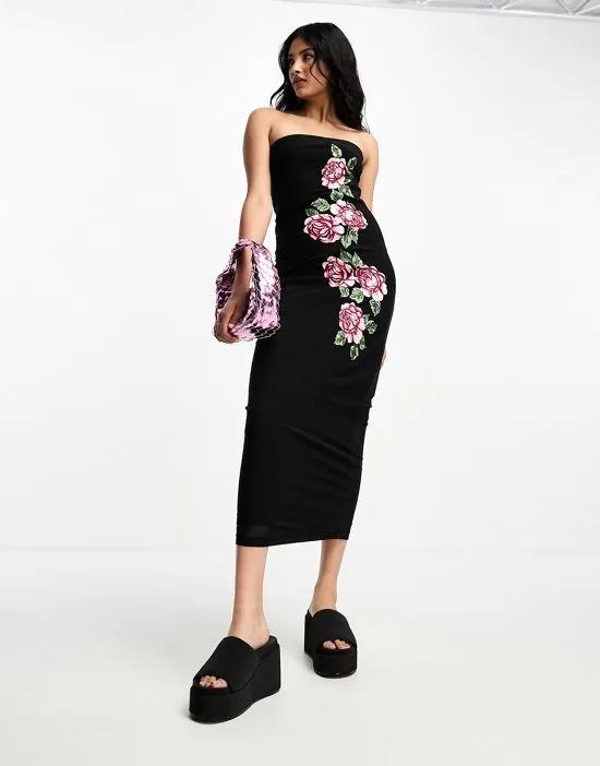 bandeau mesh midi dress with rose embroidered side in black