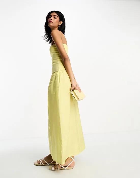 bandeau midi dress with volume skirt in yellow