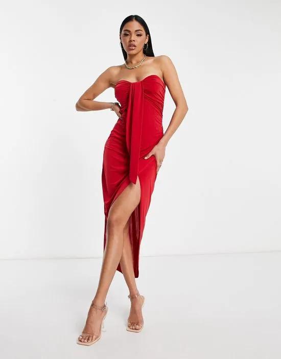 bandeau midi red drape dress