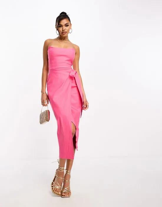 bandeau tie side tulip skirt midi dress in coral pink