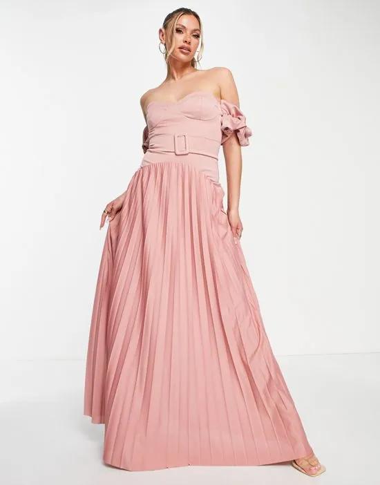 Bardot belted pleated maxi dress in rose