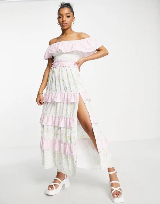 bardot frill detail midi dress in mix floral and gingham print