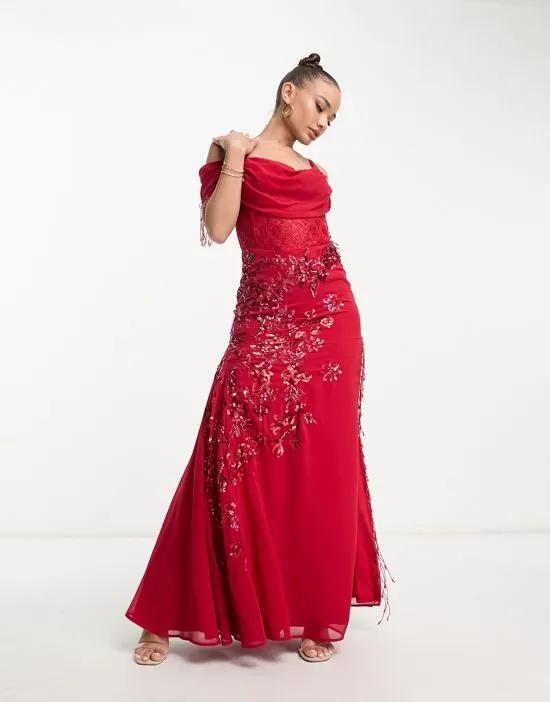 bardot maxi dress with thigh split in red floral lace with bead fringe
