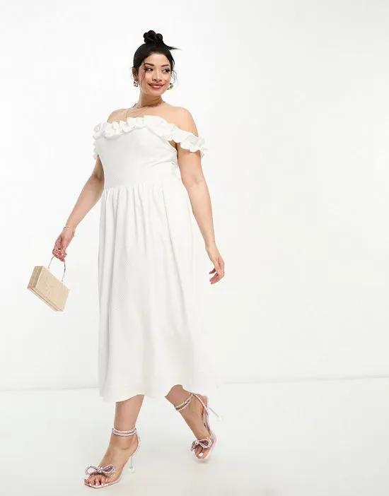 bardot midi dress with full skirt in white