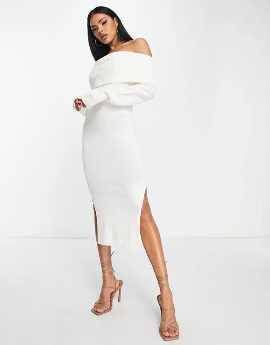 bardot midi knit sweater dress with side splits in white