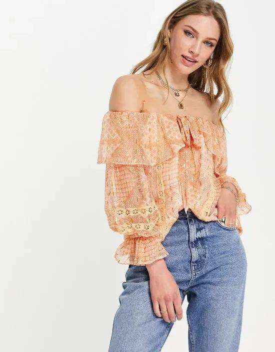 bardot printed blouse in orange