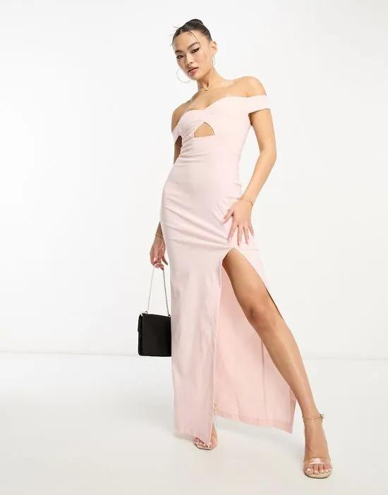 bardot thigh split maxi dress in pink