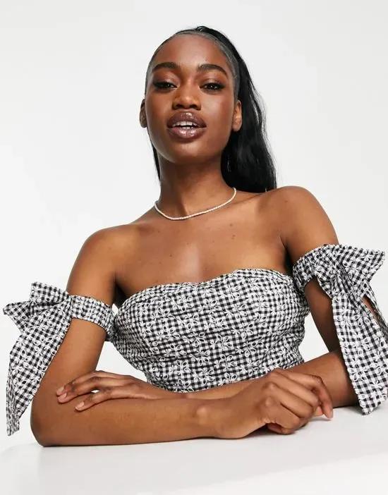 Bardot top in embroidered gingham - part of a set