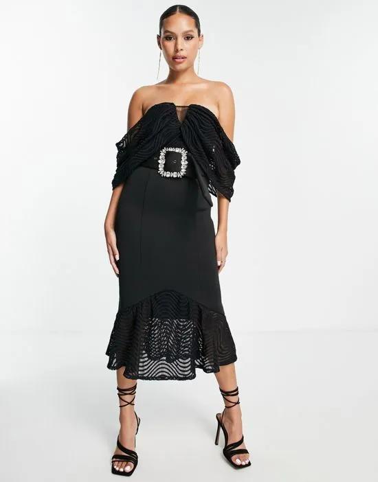 bardot wiggle lace midi dress in black