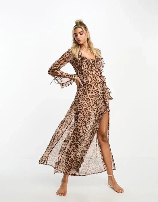 beach chiffon leopard long sleeve side split maxi dress