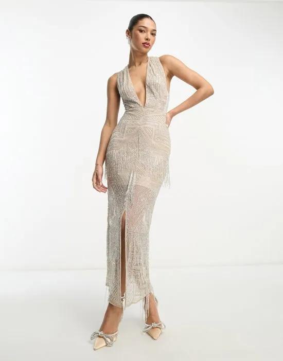 beaded fringe and sequin midi dress with cross back in pale gray